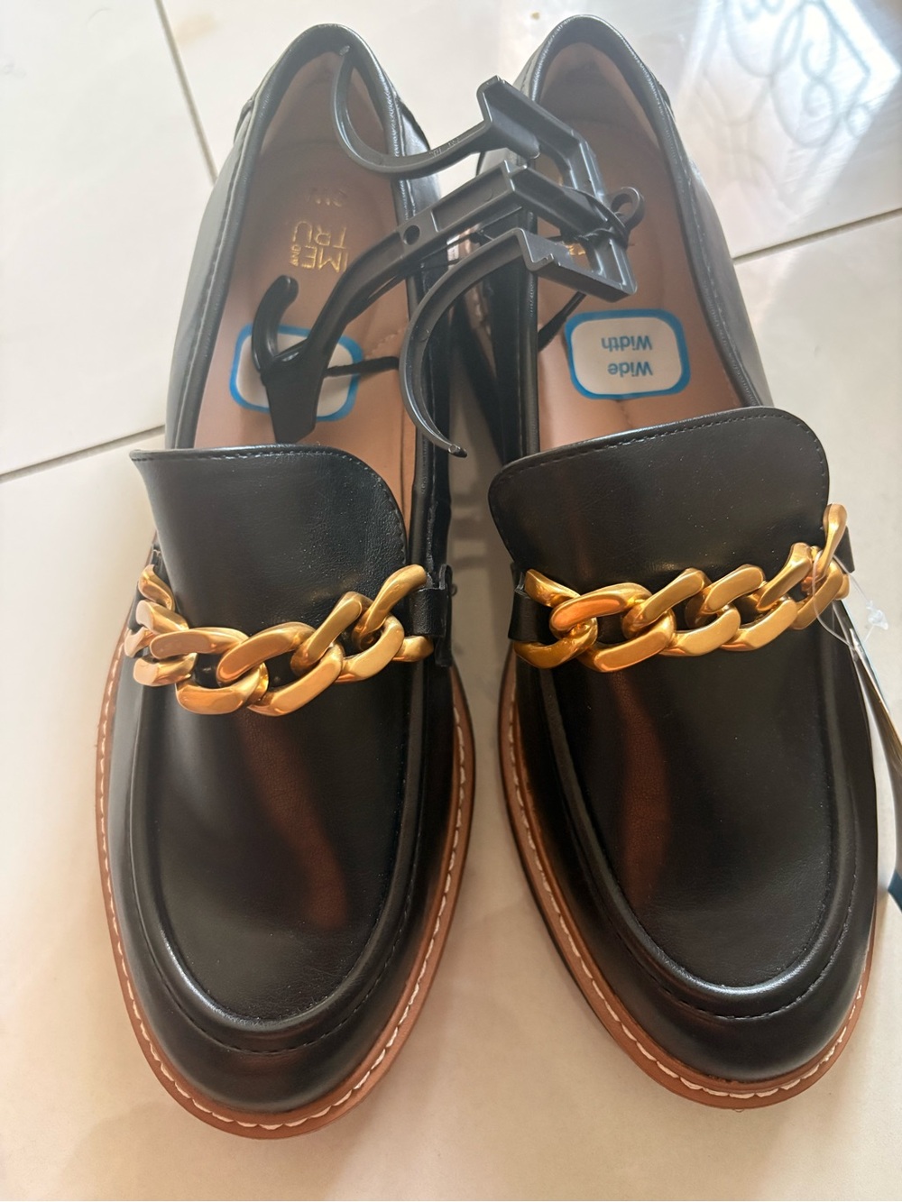 Wide width Black Loafers with Gold Chain Accent